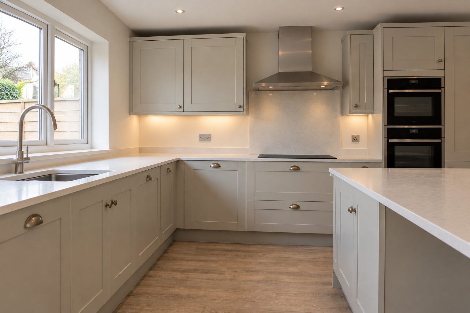Greige shaker kitchen refit with island and oak worktop — Shoreham-by-Sea