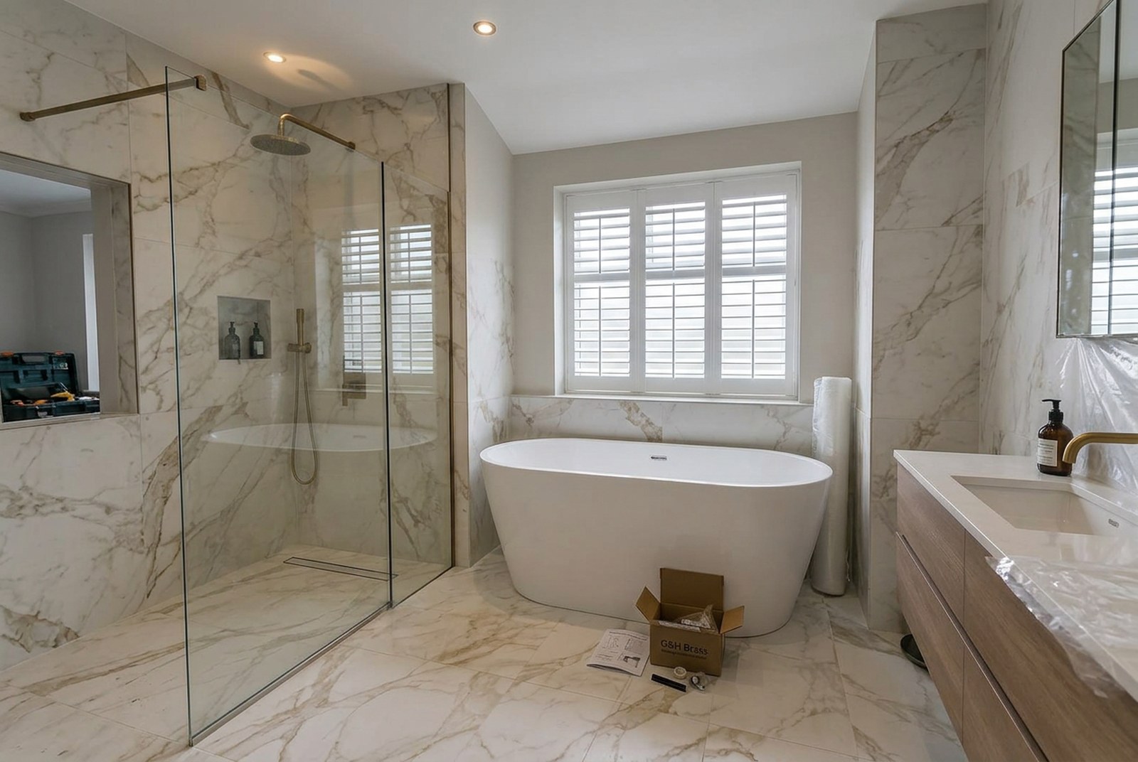 Freshly tiled bathroom with walk-in shower